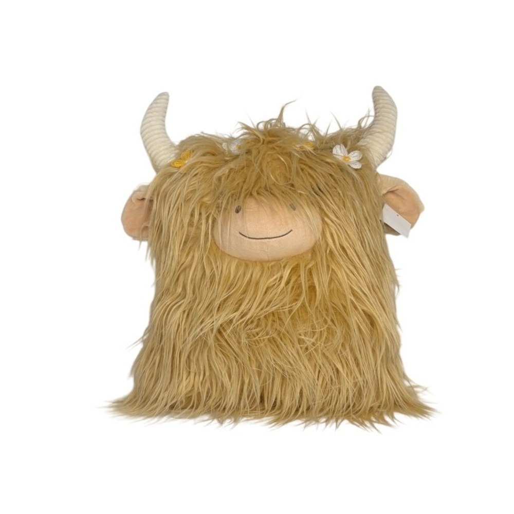 Hobby Lobby Long Hair Highland Cow 15"x12.5" Stuff Animal Bed Pillow Tan Plush